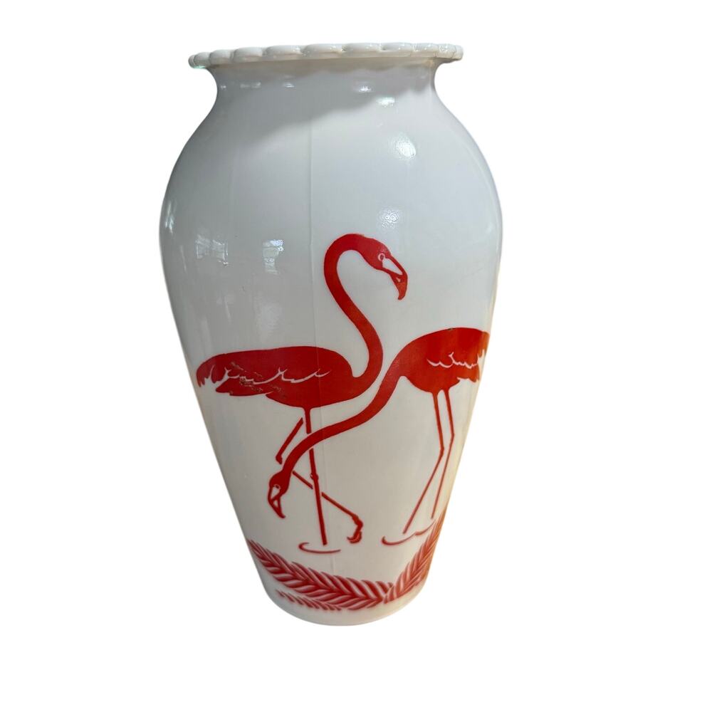 Vintage Red Flamingo Vase Anchor Hocking Vitrock Milk Glass 8" Scalloped Rim